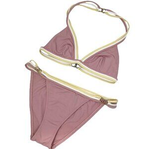 CHANEL Vintage 04C CC Logo Bikini Swimsuit #36 Pink White Nylon Spandex [103560]